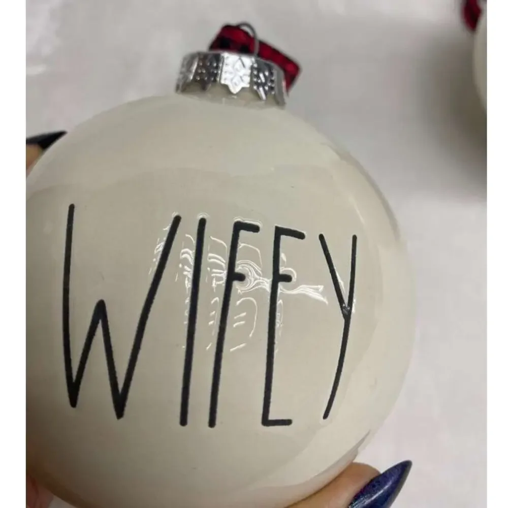Rae Dunn By Magenta Ceramic Ball White Ornaments - Wifey - Hubby